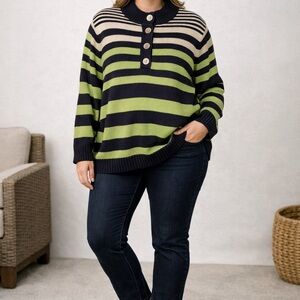 Liz Clairborn Woman‎ 1X Sweater Striped Button Collar Green Navy Cotton Pullover